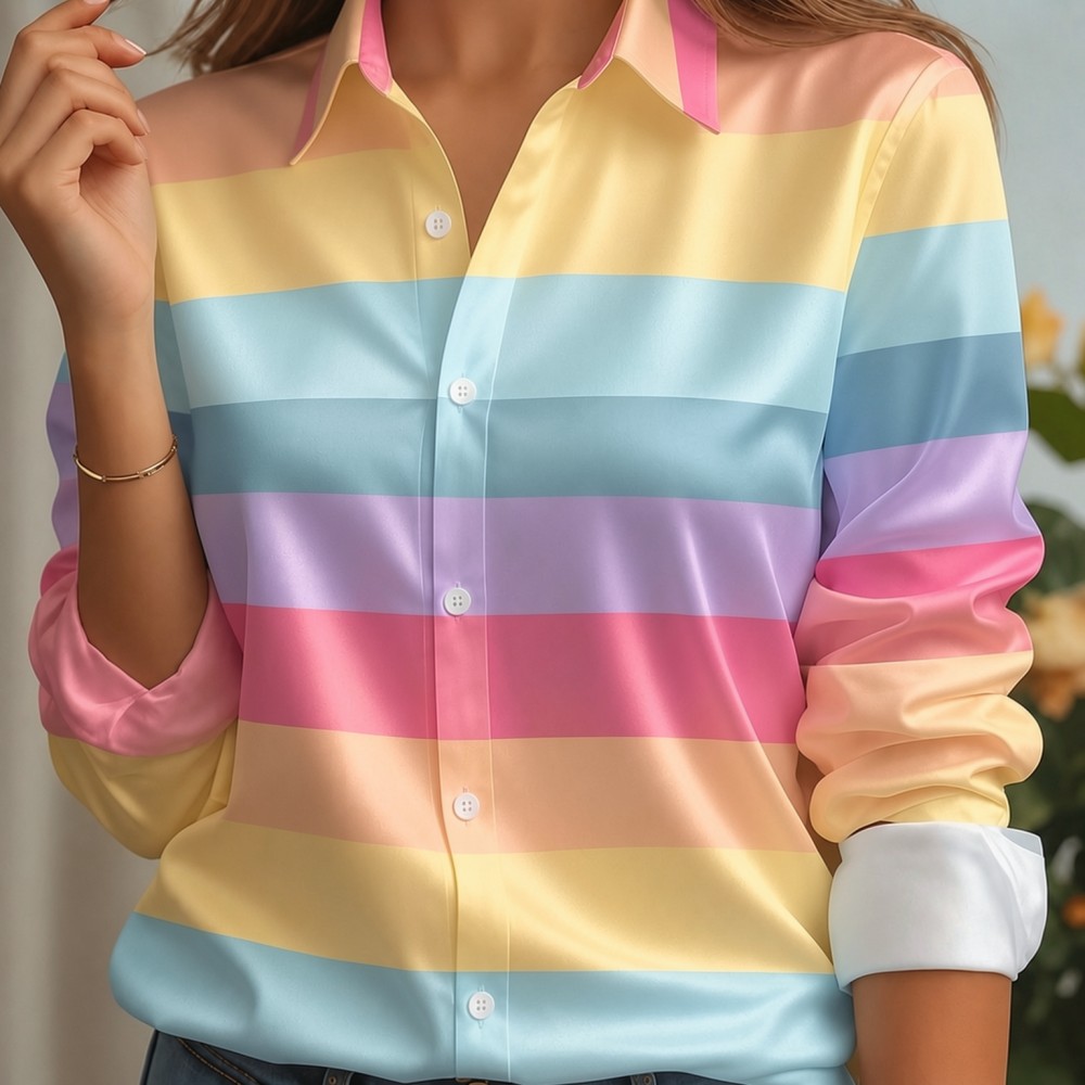 Women Fashion Outfits - Dames satijnen overhemd met reverskraag, pastelkleurige