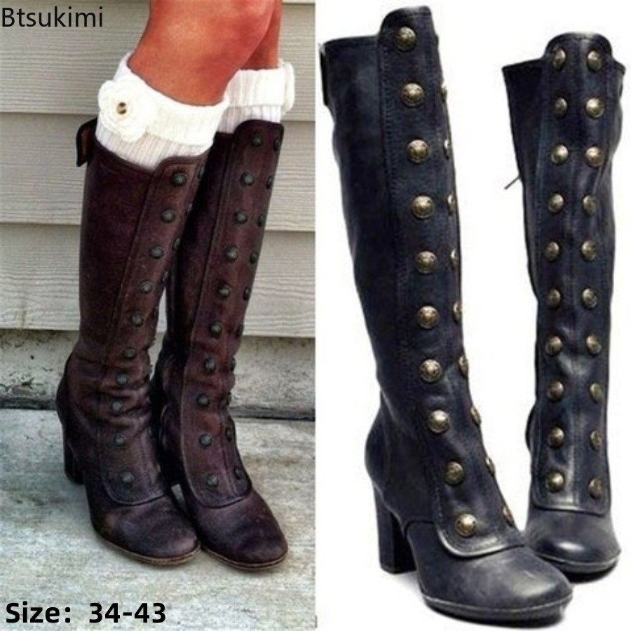 Winter Fashion Women Boots - Retro zwarte mode-nitte decorlaarzen met chunky