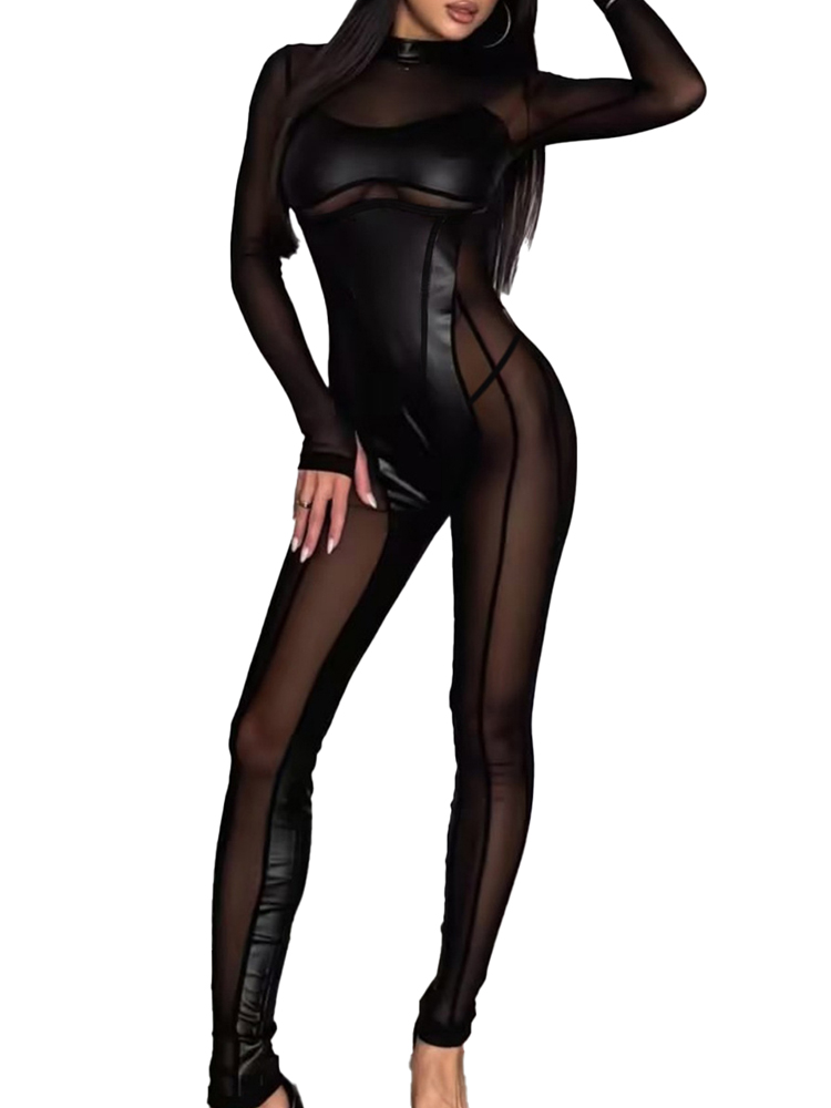 Women Fashion Outfits - Mode gesplitste mesh-jumpsuit met rits aan