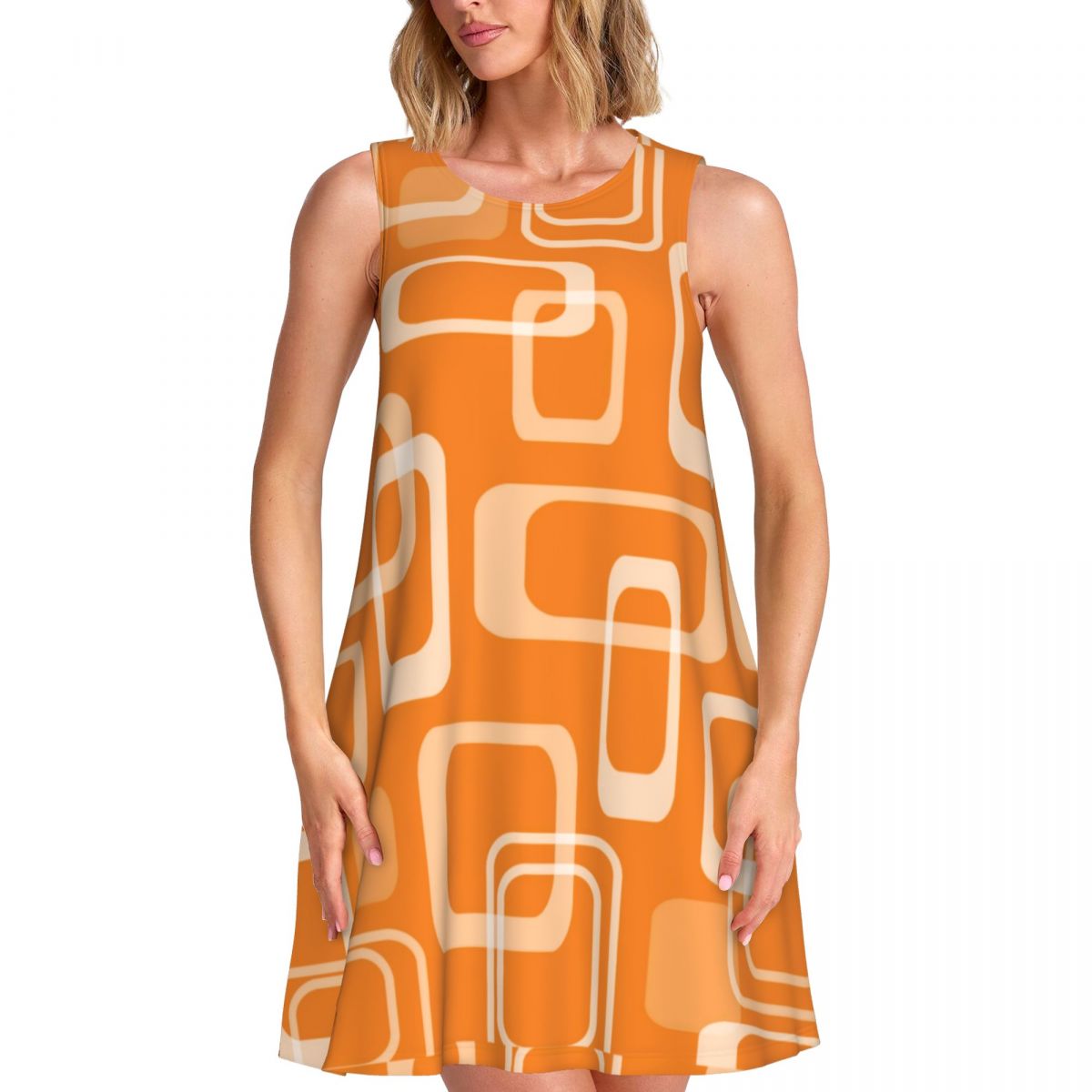 Women'S Fashion Of The 60S - Oranje retro-modjurk, jaren 60, vierkante print,