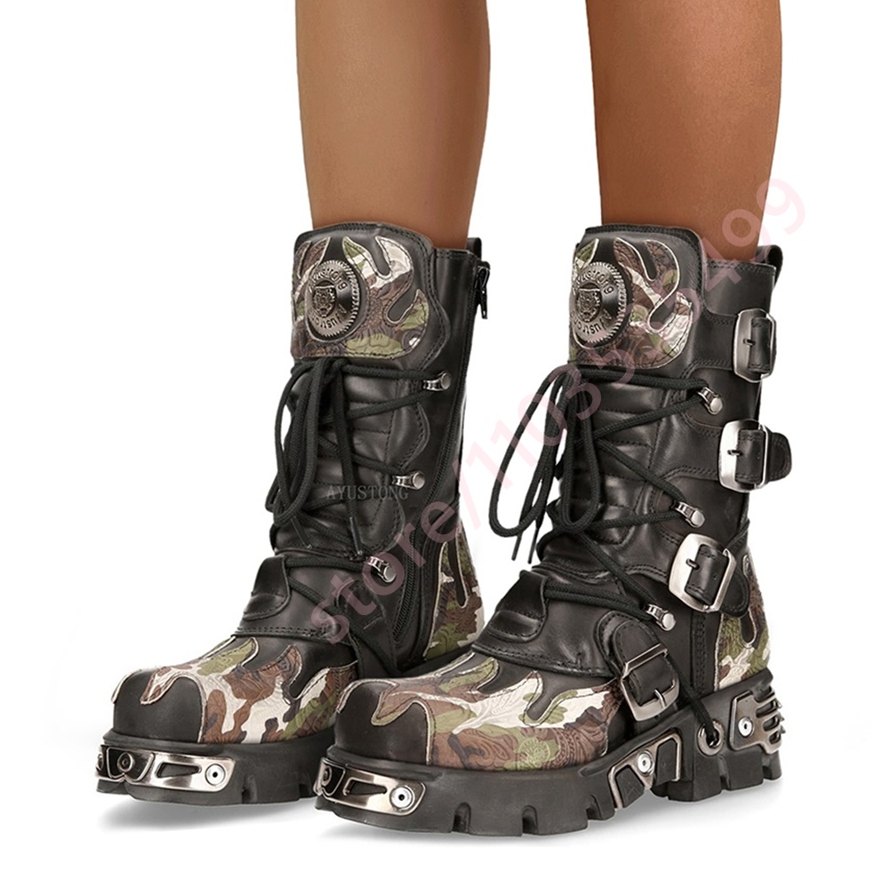 Women Fashion Trend 2025 - Punk Rock Camouflage Riem Gesp Motorlaarzen