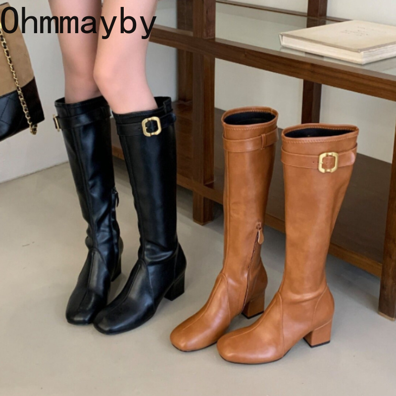 Winter Fashion Women Boots - Dames Retro Vierkante Teen Kniehoge Laarzen