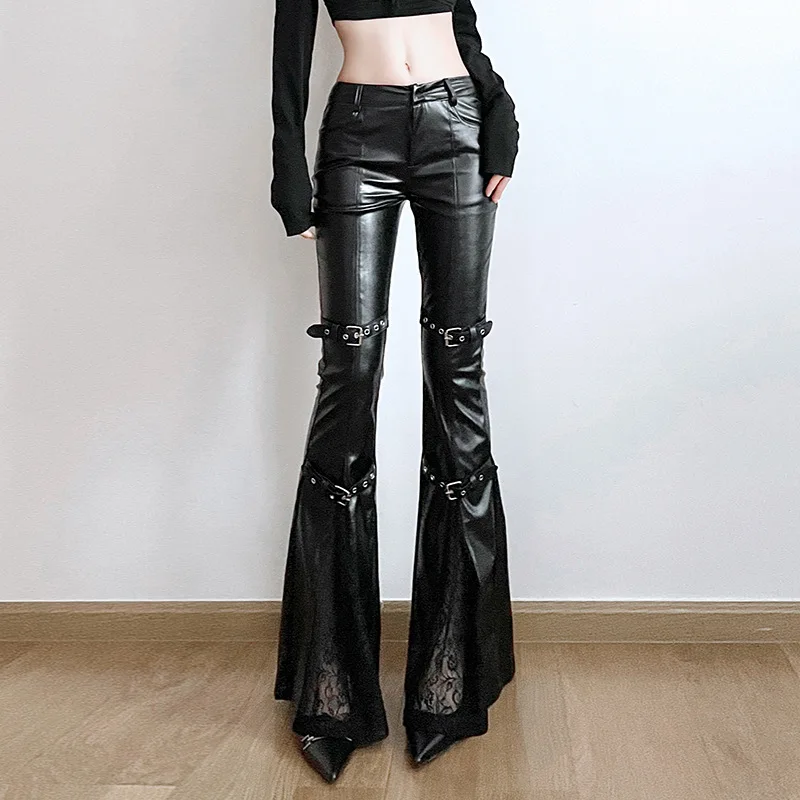 Women'S Y2K Fashion Aesthetic - Dames PU lederen flare broek, gotische